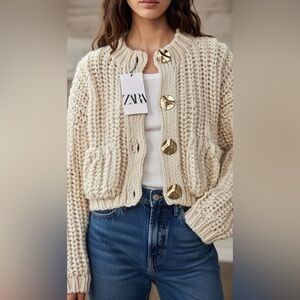 Zara Beige Knit Cardigan with Gold Accents